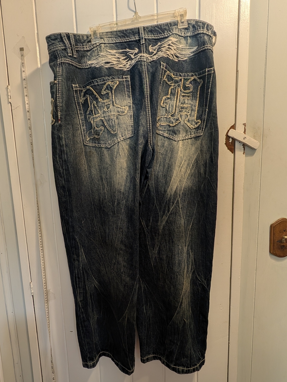 Ninth Hall Printed Idle Blue Wash Wide Leg Jeans Zumiez Grunge WOMEN'S 18 NWOT - Picture 2 of 9